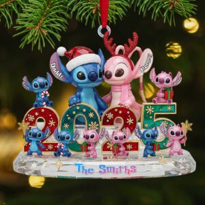 personalized Christmas ornament featuring the Disney characters Stitch and Angel, along with their family