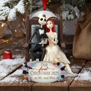 personalized Christmas ornament featuring the characters Jack Skellington and Sally from The Nightmare Before Christmas personalized Christmas ornament featuring the characters Jack Skellington and Sally from The Nightmare Before Christmas