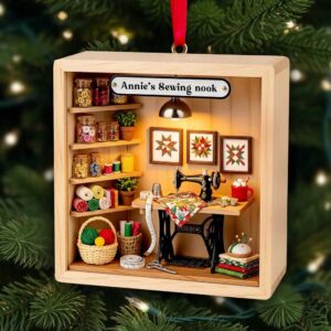 personalized Christmas ornament of a sewing room diorama