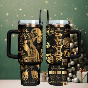 Alice Cooper 40oz Black Gold Tumbler with Handle and Straw, Stainless Steel Insulated Rock Band Travel Mug