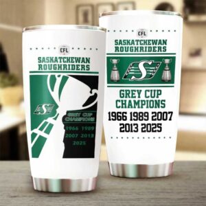 CFL Saskatchewan Roughriders 1966, 1989, 2007, 2013, 2025 Grey Cup Champions Tumbler