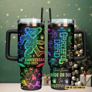 Grateful Dead 60th Anniversary (1965 2025) Stanley Style Tumbler with Handle Customizable Rainbow Bear & Skeletons Design