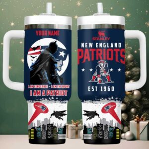 Officially Licensed New England Patriots 40oz Stanley Style Tumbler with Handle, Batman Graphic, and Custom Name Personalization