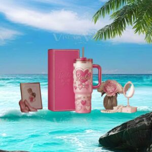 Barbie Dream Big Pink Heart Ribbon Embossed Style 40oz Tumbler with Box