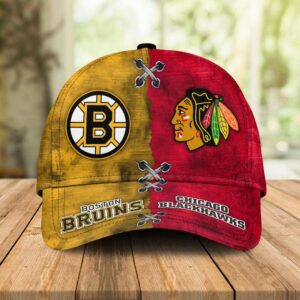 Boston Bruins and Chicago Blackhawks split design baseball cap