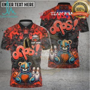 Bowling Oops Teddy Bear Cartoon Multicolor Options Personalized Name, Team Name 3D Shirt