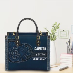 Carlton Custom Name Blue Faux Leather Tote Handbag