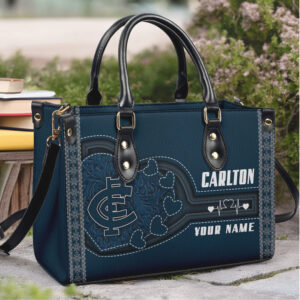 Carlton Custom Name Blue Faux Leather Tote Handbag