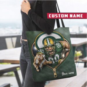 Custom Green Bay Packers 3D Zipper Heart Tote Bag