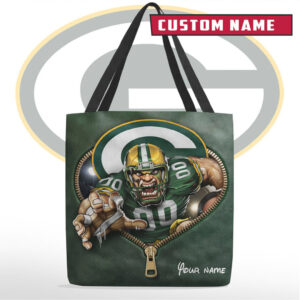 Custom Green Bay Packers 3D Zipper Heart Tote Bag