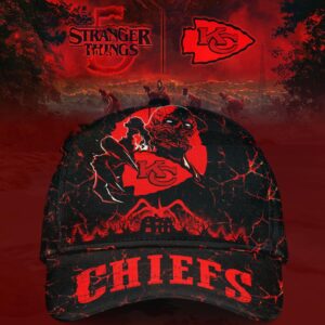 Custom Kansas City Chiefs Fiery Skull & Stranger Things Baseball Cap Custom Kansas City Chiefs Fiery Skull & Stranger Things Baseball Cap
