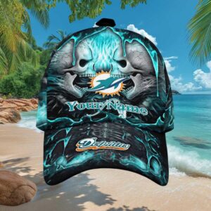 Custom Name Miami Dolphins Dual Skull Flaming Teal & Black Graphic Hat