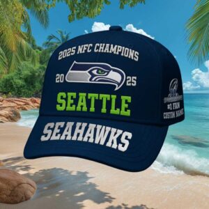 Custom Name Seattle Seahawks 2025 NFC Champions #1 Fan Navy Blue Hat