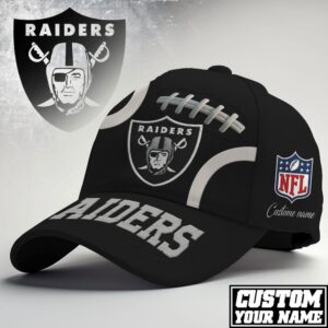Customizable Las Vegas Raiders NFL Black Cap with Embroidered Logo and Football Detail