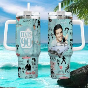 Elvis Presley 90th Birthday Celebration Teal Glitter 40oz Travel Tumbler