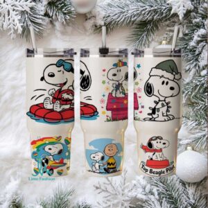 Festive Holiday Snoopy and Woodstock Tumbler