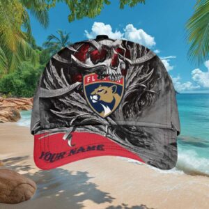 Florida Panthers NHL Custom Name Skull Graphic Red & Grey Sport Hat