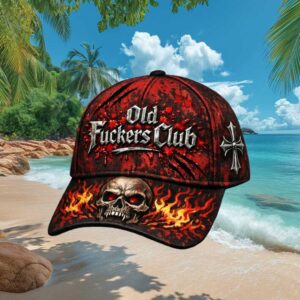 Old Fuckers Club Red Splatter Blood Design Skull and Cross Biker Hat
