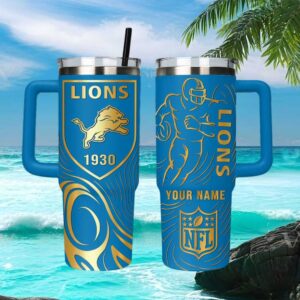 Personalized Detroit Lions NFL 40oz Tumbler Custom Name Blue & Gold Insulated Tumbler