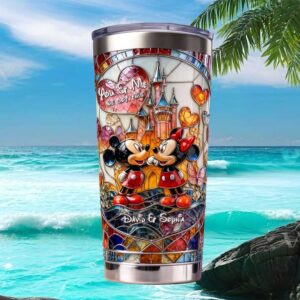 Personalized Mickey and Minnie Mouse Stained Glass Castle Wedding Anniversary Tumbler