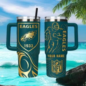 Personalized Philadelphia Eagles NFL 40oz Tumbler Custom Name Gold & Teal Insulated Tumbler