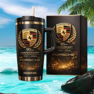 Personalized Porsche 95th Anniversary 1931 2026 Gold & Black Insulated Travel Tumbler