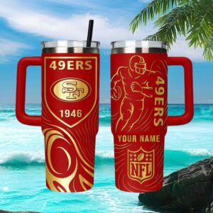 Personalized San Francisco 49ers NFL 40oz Tumbler Custom Name Scarlet & Gold Travel Tumbler