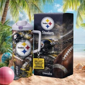 Pittsburgh Steelers Helmet and Football Graphics Owala Style Handle Tumbler