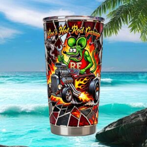 Rat Fink Hot Rod Garage Ed Roth Inspired Stained Glass Style Graphic Tumbler
