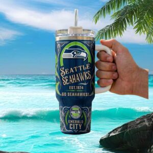 Seattle Seahawks 40oz Insulated Tumbler Emerald City Vintage Design with Straw