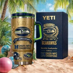 Seattle Seahawks 50th Anniversary 2025 NFC Champions Gold Edition Yeti Tumbler with Handle