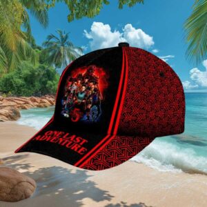 Stranger Things Season 5 One Last Adventure Red Geometric Pattern Fan Cap
