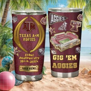 Texas A&M Aggies 131St Anniversary Gig 'Em Custom Name Tumbler