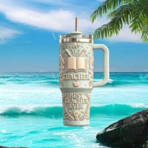 3D Embossed “Best Teacher Ever” 40oz Tumbler with Handle Mint Green Teacher Appreciation Gift