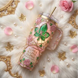 Alpha Kappa Alpha (AKA) Sorority 40oz Tumbler Pink and Green Ivy