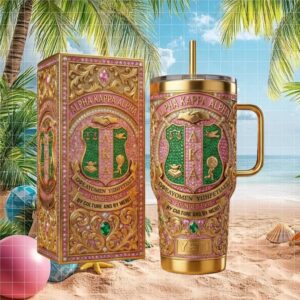 Alpha Kappa Alpha AKA Sorority Pink and Green Crystal Gold 40oz Tumbler