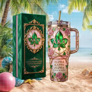 Alpha Kappa Alpha (AKA) Sorority Stained Glass Style 40oz Tumbler Pink and Green