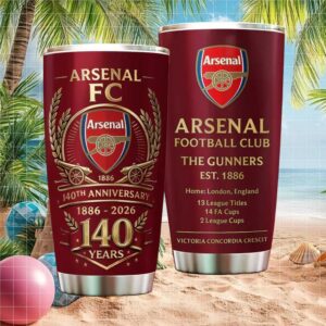 Arsenal FC 140th Anniversary “The Gunners” Est 1886 Commemorative Tumbler
