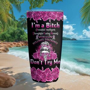 B.I.T.C.H. Low Bullshit Tolerance Pink Messy Bun Skull Tumbler