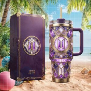 BTS K Pop Purple Stained Glass Crystal Design 40oz Tumbler and Box