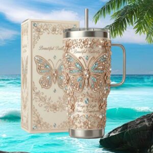 Beautiful Butterfly “Wings of Light” 3D Floral & Jewel Embossed 40oz Tumbler