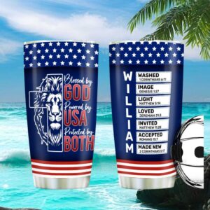 Blessed by God Protected by USA Lion Tumbler Personalized William Name