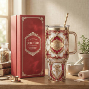Classic Medical Doctor Caduceus 40oz Tumbler, Red & White Marble 3D Embossed Gift