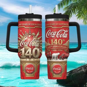 Coca Cola 140th Anniversary Heritage Red & Gold Commemorative Handle Tumbler