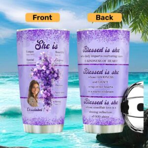 Custom Blessed Is She Purple Floral Cross & Photo Faith Based Tumbler