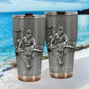 Custom Hunter Name Tumbler 3D Embossed Deer Hunting & American Flag Design