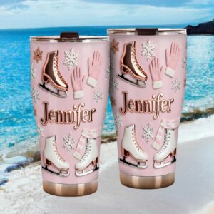 Custom Ice Skater Pink Tumbler Personalized Winter Sports & Snowflakes Gift