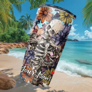 Custom Name Floral Skeleton with Birds Artistic Nature Skull Tumbler
