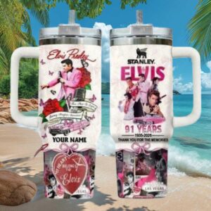 Custom Name My Heart Belongs To Elvis Pink Rose & Cadillac Tumbler