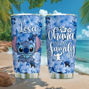 Custom Name Stitch Blue Hydrangea Flower Pattern Ohana Tumbler
